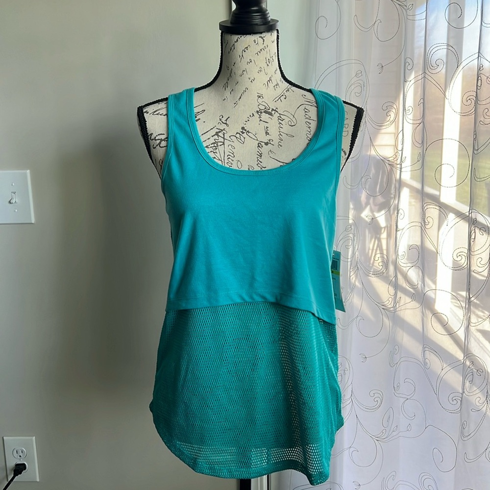 Jessica Simpson The Warm Up Mesh Layered Tank Top Medium Teal Blue 3K30150MC